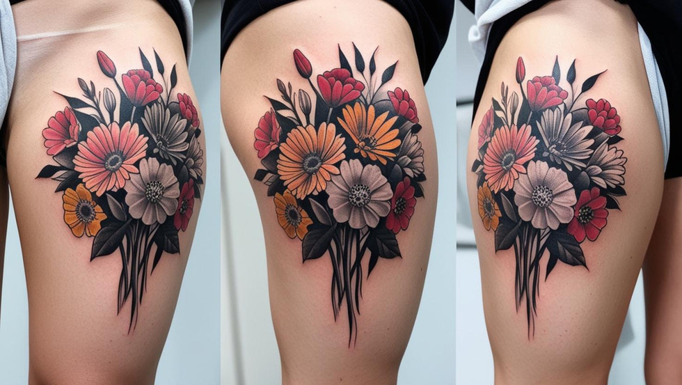 bouquet of flower tattoo on front thigh in back and grey (4)