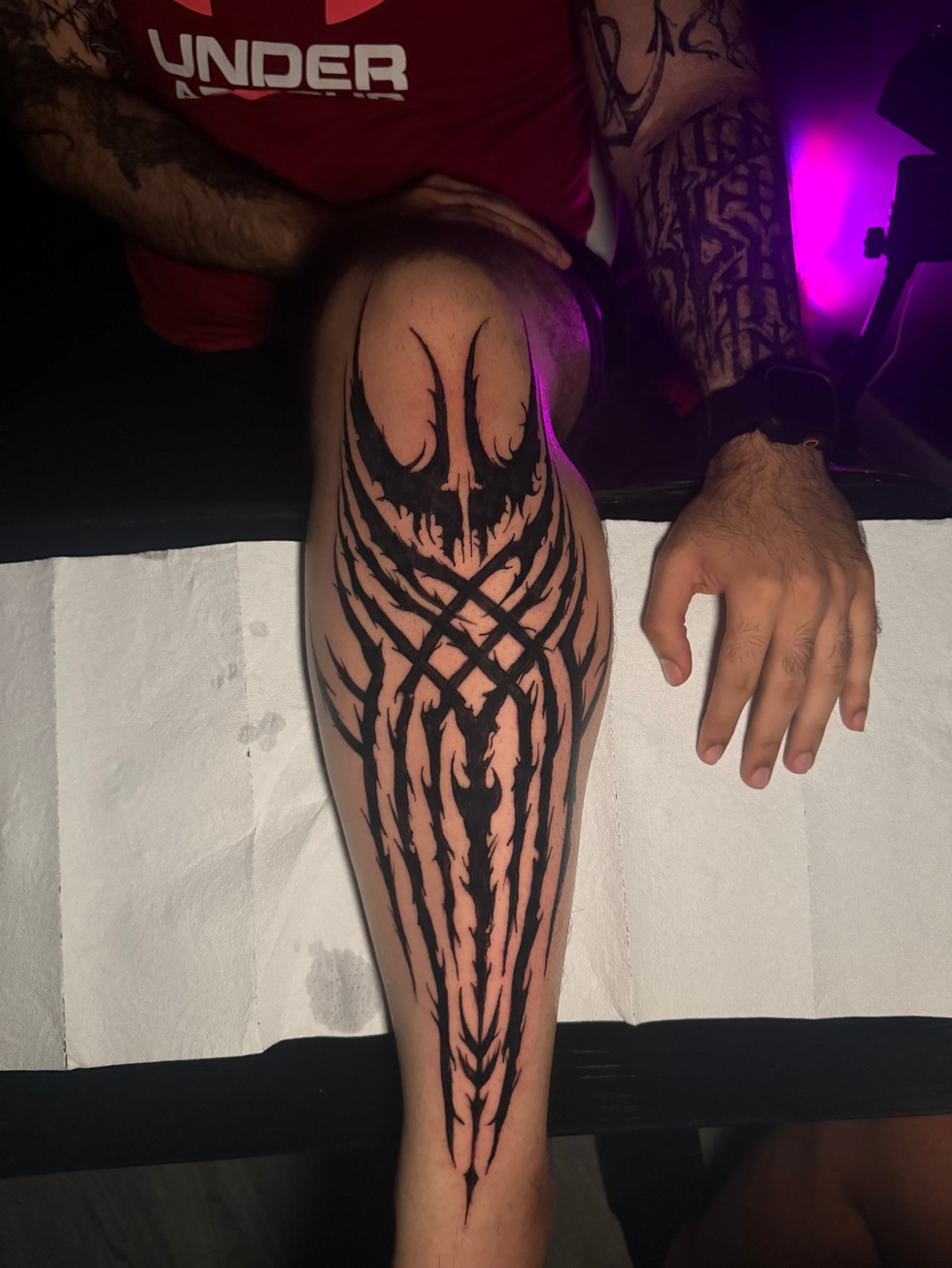 gothic leg sleeve tattoo line work