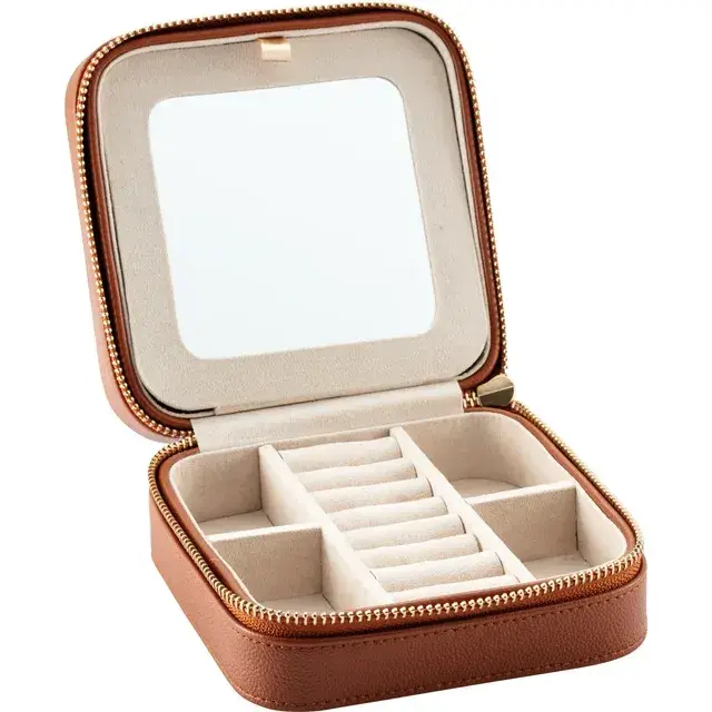 Thumbnail: Leatherette Jewelry Travel Case with Mirror in Camel
