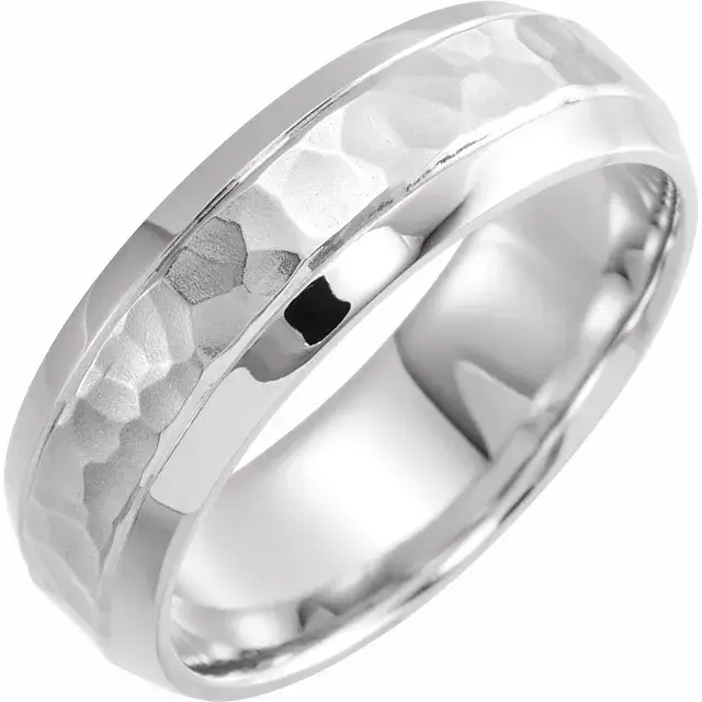 14K White Gold 7 mm Beveled-Edge Mens Wedding Band with Hammered Texture