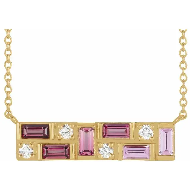 Thumbnail: 14K Yellow Gold Pink Multi-Gemstone & 1/8 CTW Natural Diamond Bar 18" Necklace