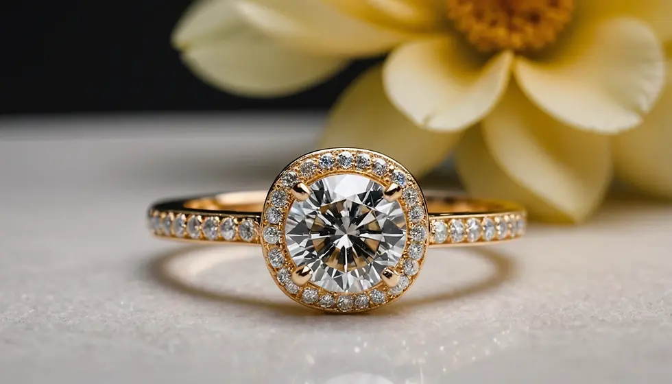 Close-up view of a diamond engagement ring with a halo setting