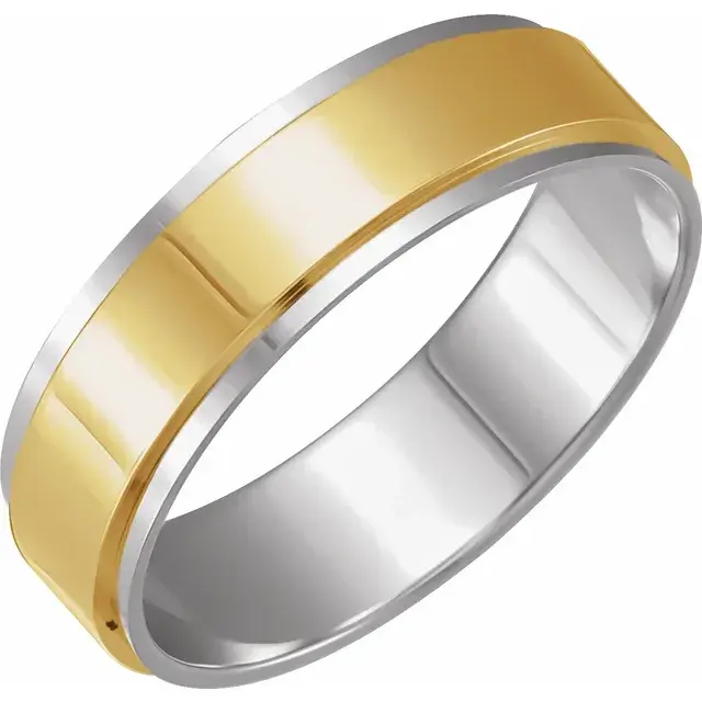 14K Yellow and White Gold 6 mm Flat Men's Wedding Band with Diamond Edge