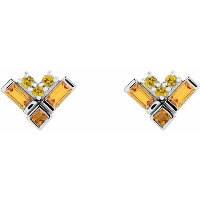 Thumbnail: 14K White Gold Natural Yellow Multi-Gemstone Cluster Earrings