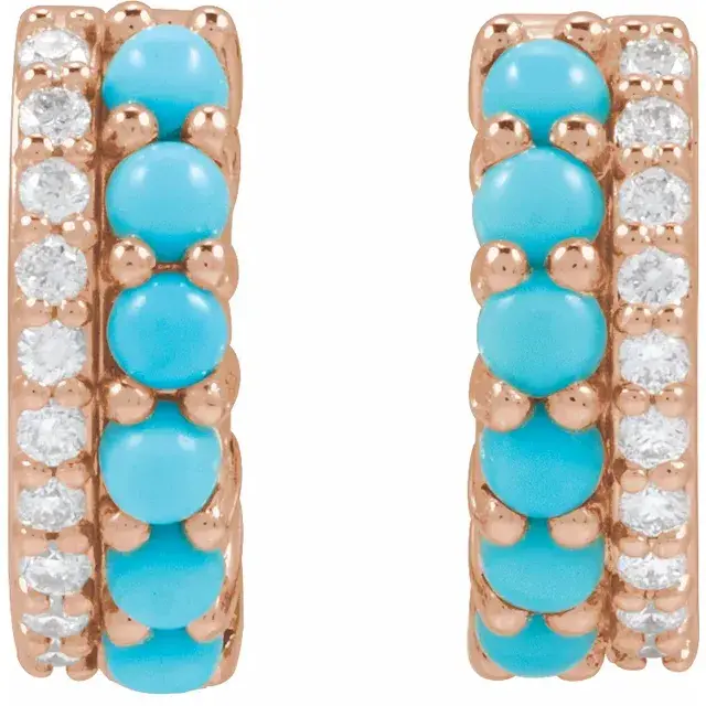 Thumbnail: 14k Gold Natural Turquoise & 1/8 Natural Diamond Huggie Hoop Earrings