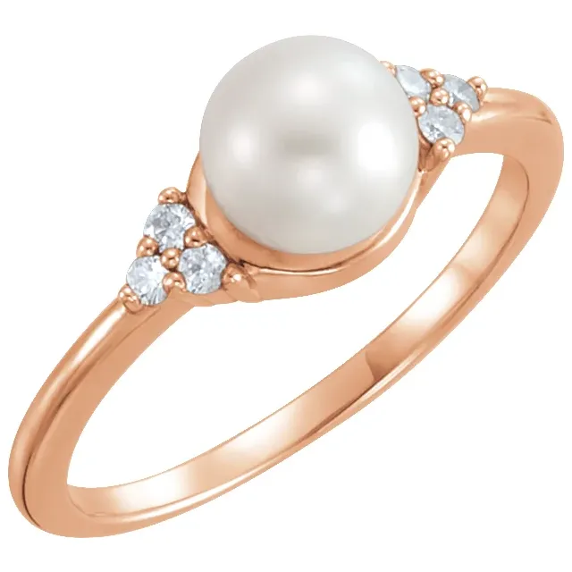 14K Gold Freshwater White Pearl & Natural Diamond Ring