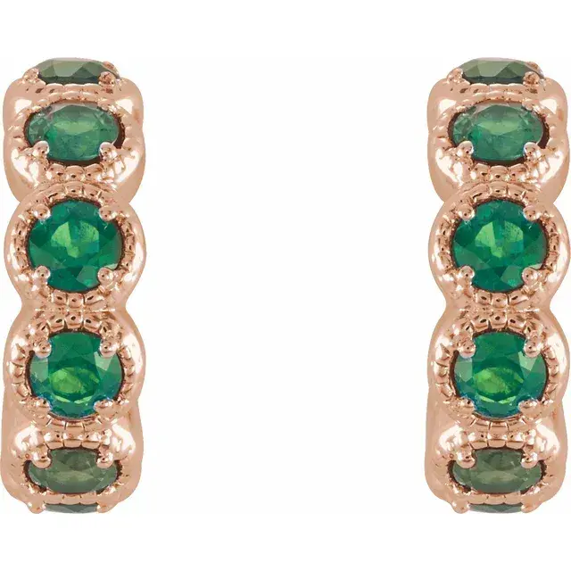 Thumbnail: 14K Rose Gold Emerald Huggie Earrings