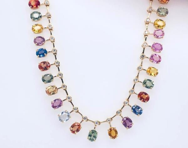 14K Yellow Gold Diamond & Oval Cut Multi-Sapphire Necklace close up