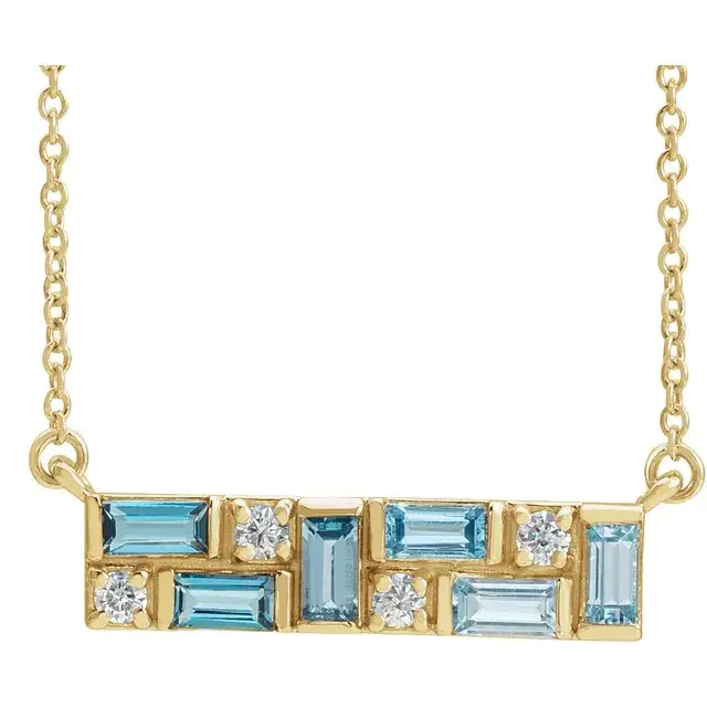 14K Yellow Gold Blue Topaz Multi-Gemstone & 1/8 CTW Natural Diamond Bar 18" Necklace
