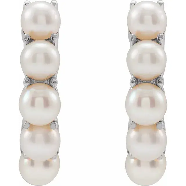 Thumbnail: 14K White Gold Freshwater Pearl Huggie Hoop Earrings close up view