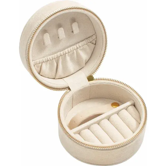 Thumbnail: Velvet Round Jewelry Travel Case in Ivory