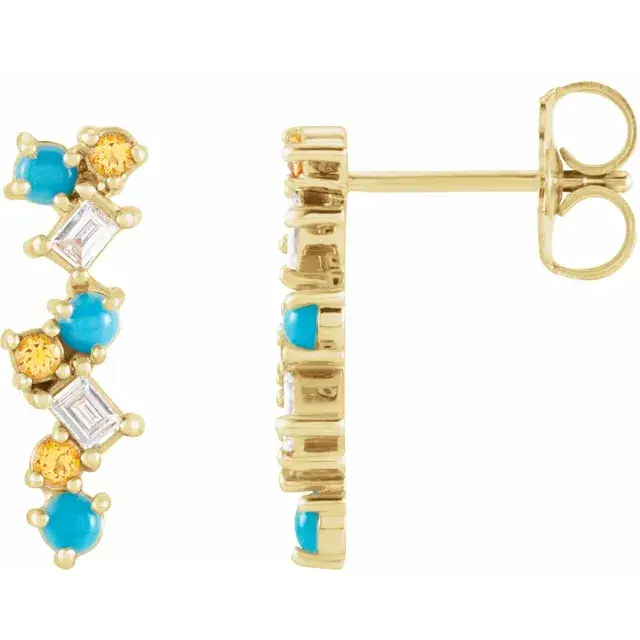 14K Yellow Gold Turquoise, Honey Topaz & 1/10 CTW Diamond Scattered Bar Earrings