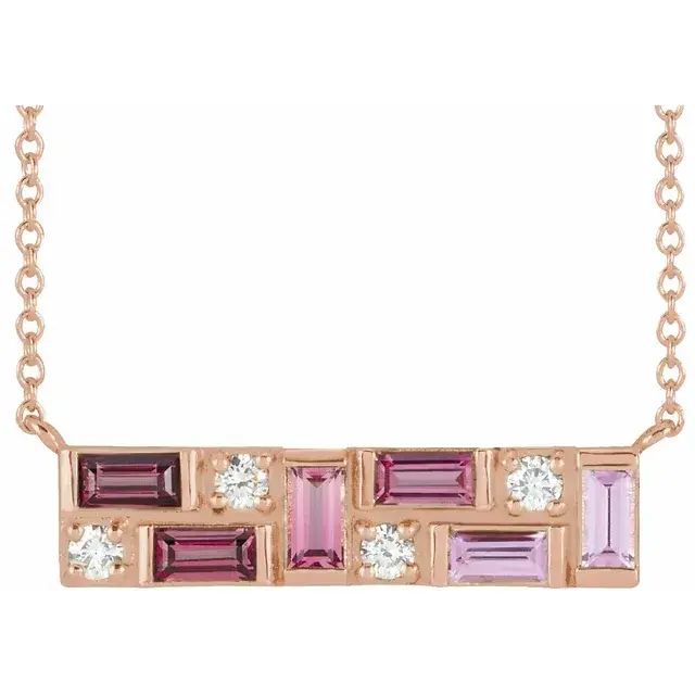 14K Rose Gold Pink Multi-Gemstone & 1/8 CTW Natural Diamond Bar 18" Necklace