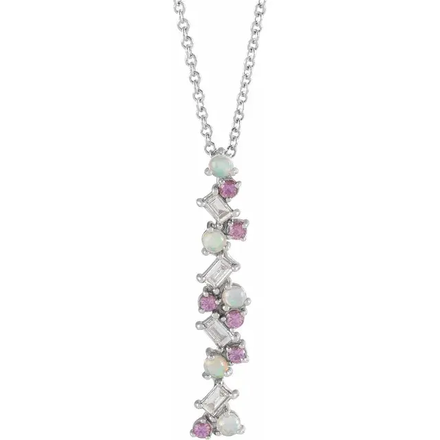 Thumbnail: 14K White Gold Opals, Pink Sapphires & 1/8 CTW Diamond Scattered Bar 16-18" Necklace