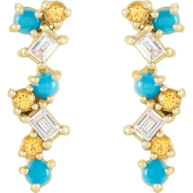 14K Yellow Gold Turquoise, Honey Topaz & 1/10 CTW Diamond Scattered Bar Earrings