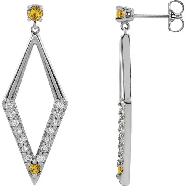 Thumbnail: 14K White Gold Natural Yellow Sapphire & 3/8 CTW Natural Diamond Geometric Earrings