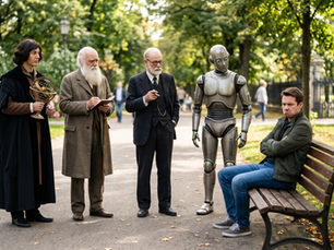 Kopernikus, Darwin, Sigmund Freud und ein Roboter stehen vor einem Menschen der gekränkt auf einer Parkbank sitzt