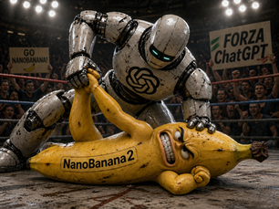 Ein dramatisches 3D-Rendering zeigt einen Wrestlingkampf in einem beleuchteten Ring. Ein großer, kampfgezeichneter Roboter mit dem bekannten, verschlungenen Hexagon-Logo von ChatGPT auf der Brust kniet über einer anthropomorphen Banane mit der Aufschrift „NanoBanana2“. Die Banane liegt am Boden, wirkt angespannt und wehrt sich sichtbar. Der Roboter hält ihren Arm fest und dominiert die Szene. Im Hintergrund feuert eine jubelnde Menge das Geschehen an, mit Schildern wie „GO NANOBANANA!“ links und „FORZA ChatGPT“ rechts. Die Beleuchtung ist hart und kontrastreich, der Boden wirkt schmutzig und abgenutzt, was die intensive Kampfatmosphäre verstärkt.
