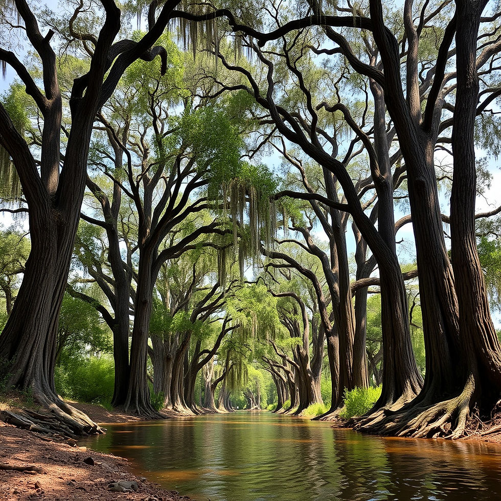 wide shot of giant cypress trees along the Guadalupe river bank.jpg