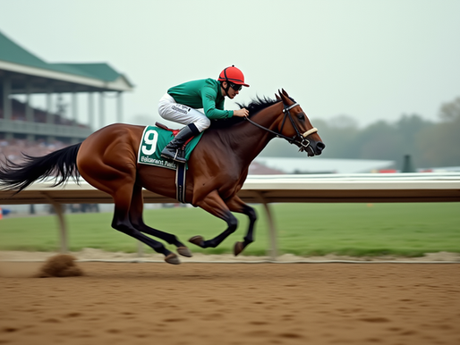 A thoroughbred racing toward the finish line