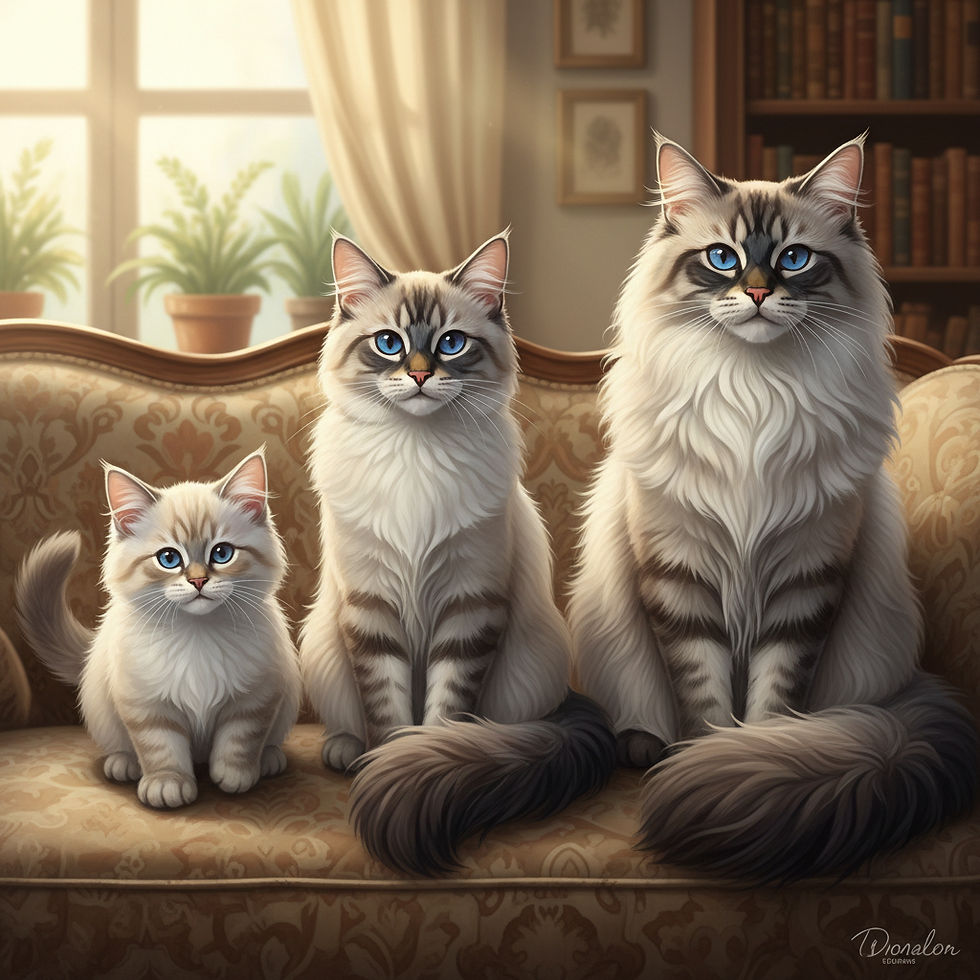 Three fluffy Siberian style cats sit on a patterned sofa in a sunlit living room, illustrating maturation over the years.
