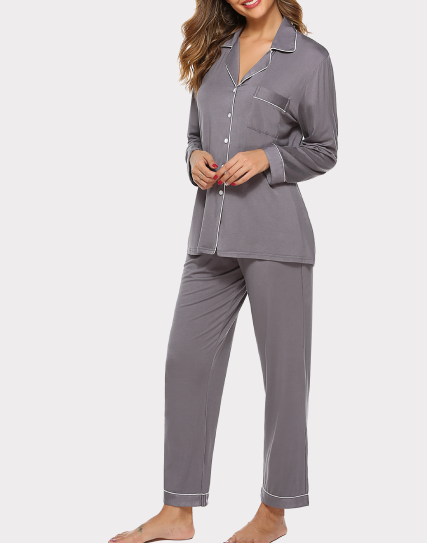 Thumbnail: Holly charcoal gray bamboo viscose cotton pajama long sleeves and long pants set.
