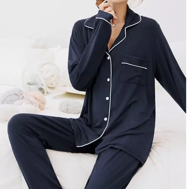 Thumbnail: Holly sleepwear and beyond navy blue bamboo viscose cotton pajama long sleeves set. 