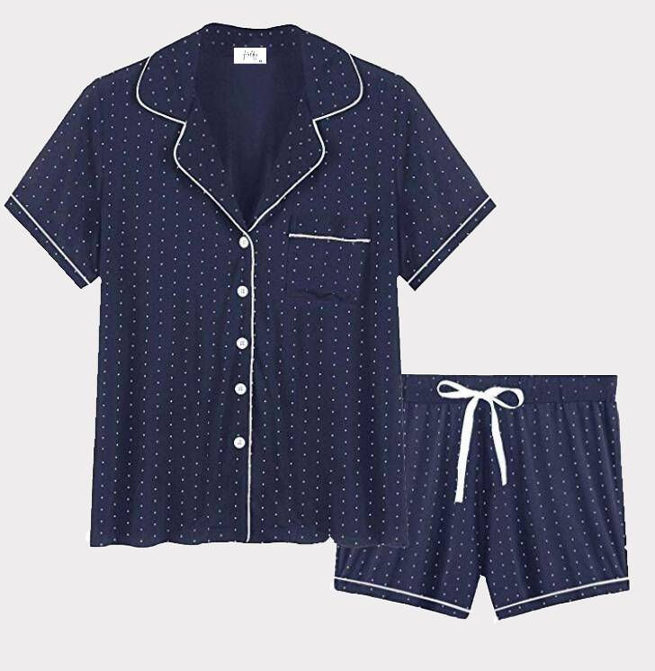 Holly polka dot navy blue bamboo viscose cotton pajama short sleeves and short pants set.