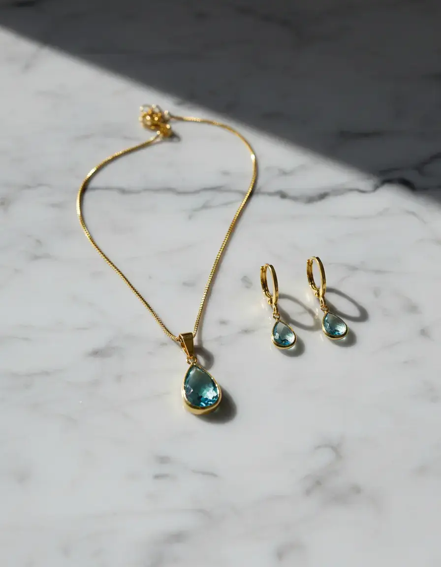 Miniatura: Conjunto Colar E Brinco Gota Azul A Ouro 18k