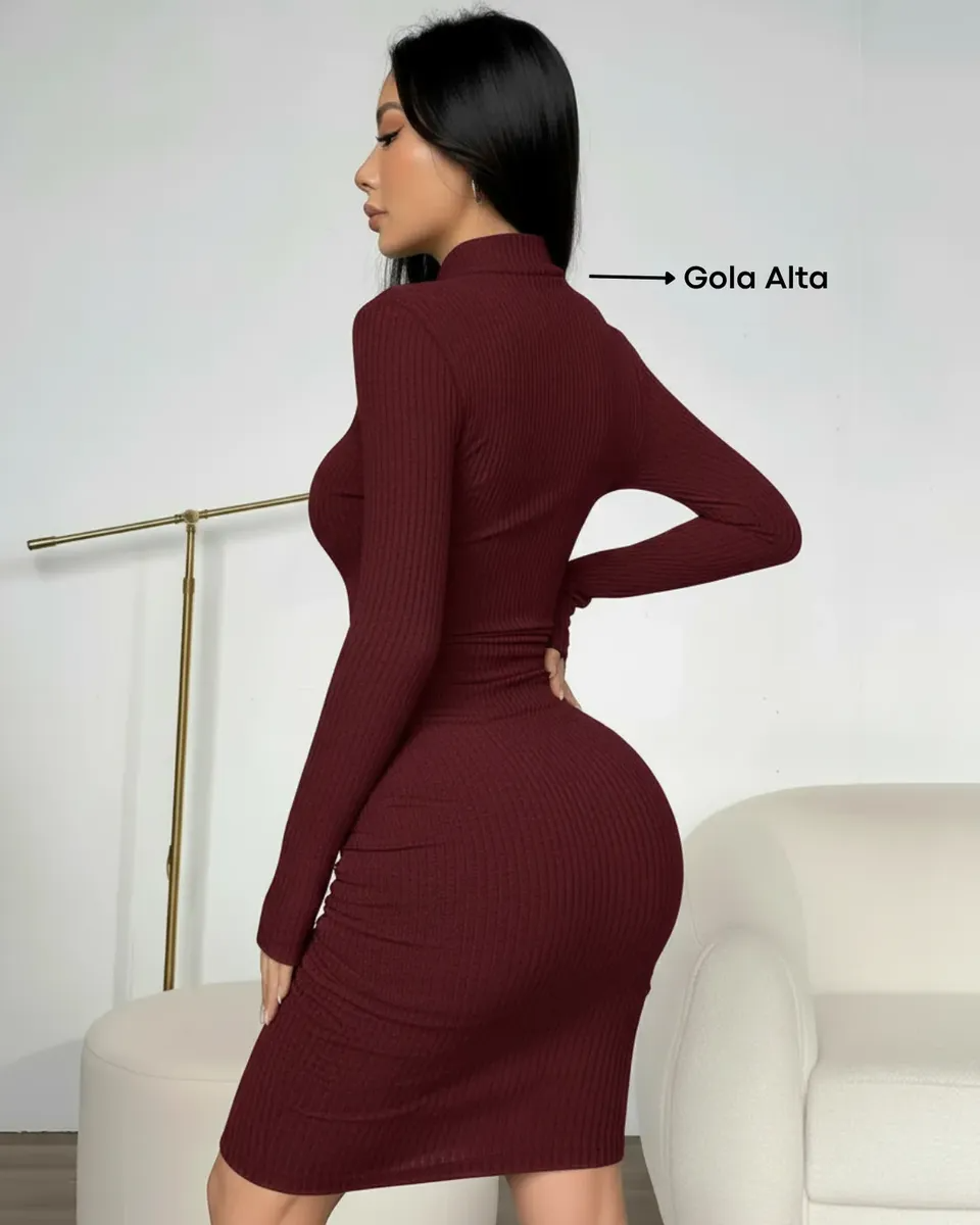Miniatura: Vestido Midi Feminino Canelado Elegante Colado Gola Alta Amy