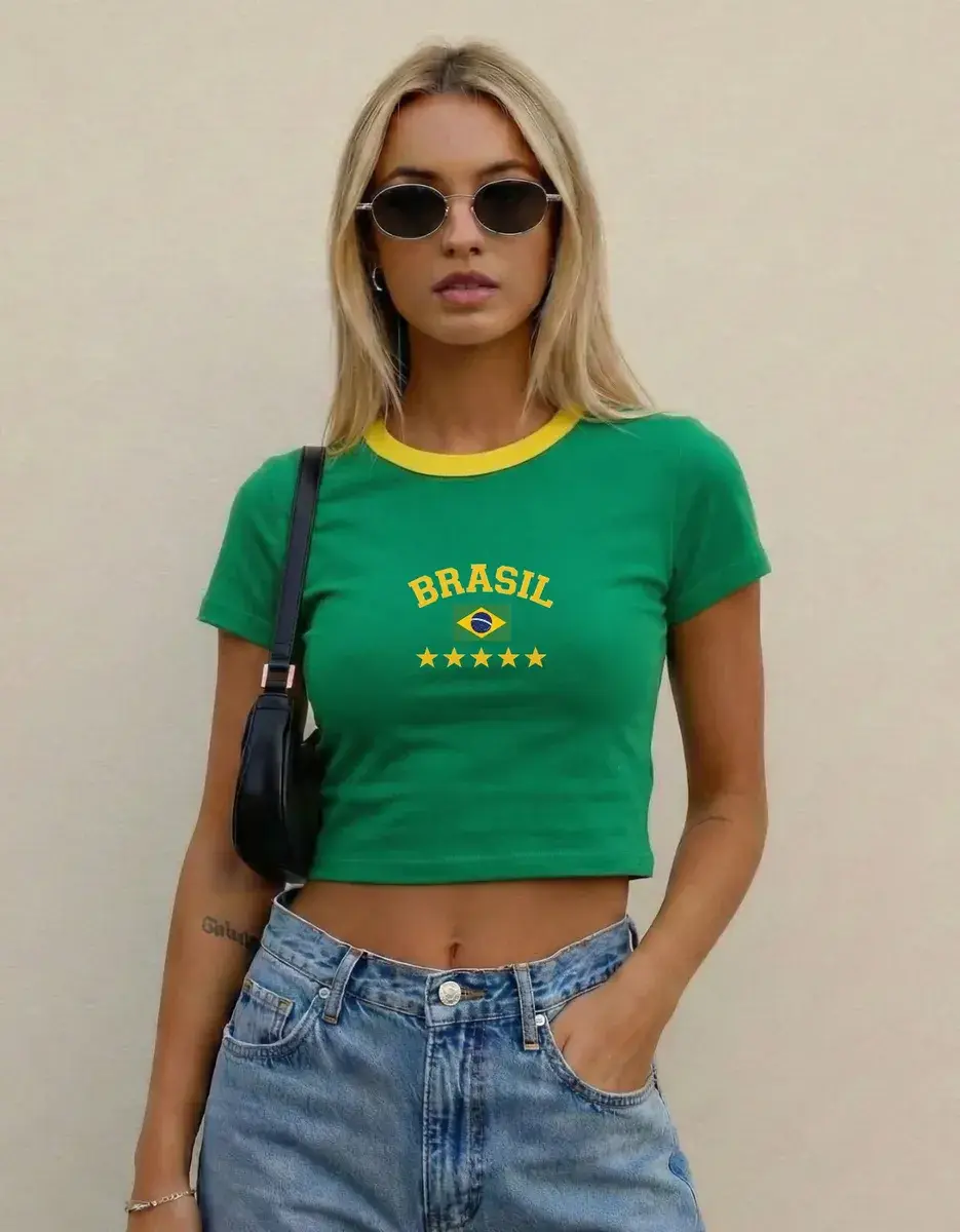 Miniatura: Cropped Brasil Copa Do Mundo Estampa Bandeira Estrelas