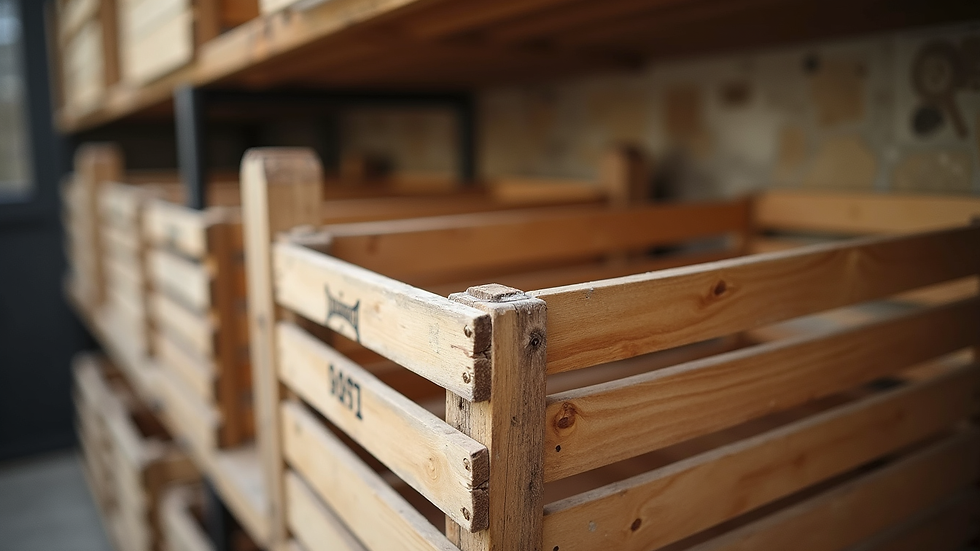 Close-up view of rustic wooden crates stacked for kitchen storage
