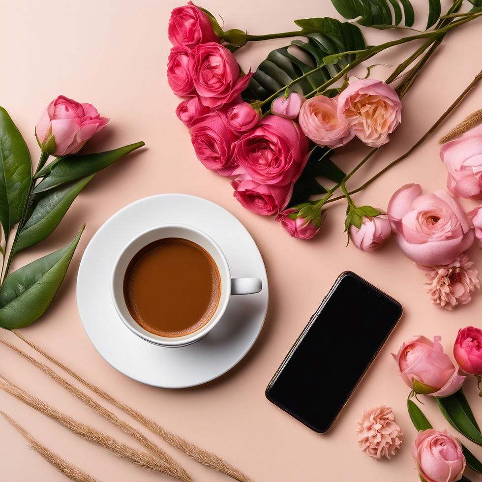 coffee beauty products and flowers with mobile phone