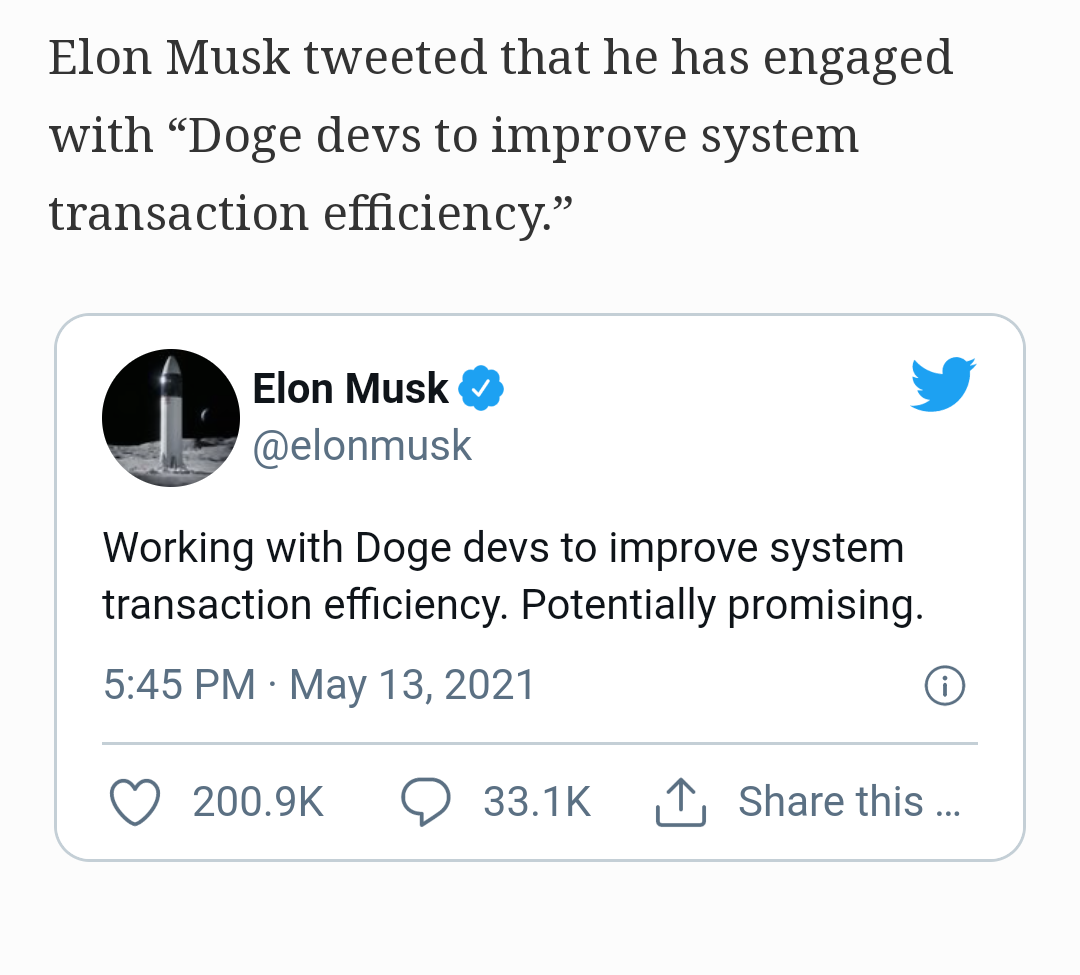 Elon Musk working with Dogecoin "devs" for system improvement. He also asks... content media