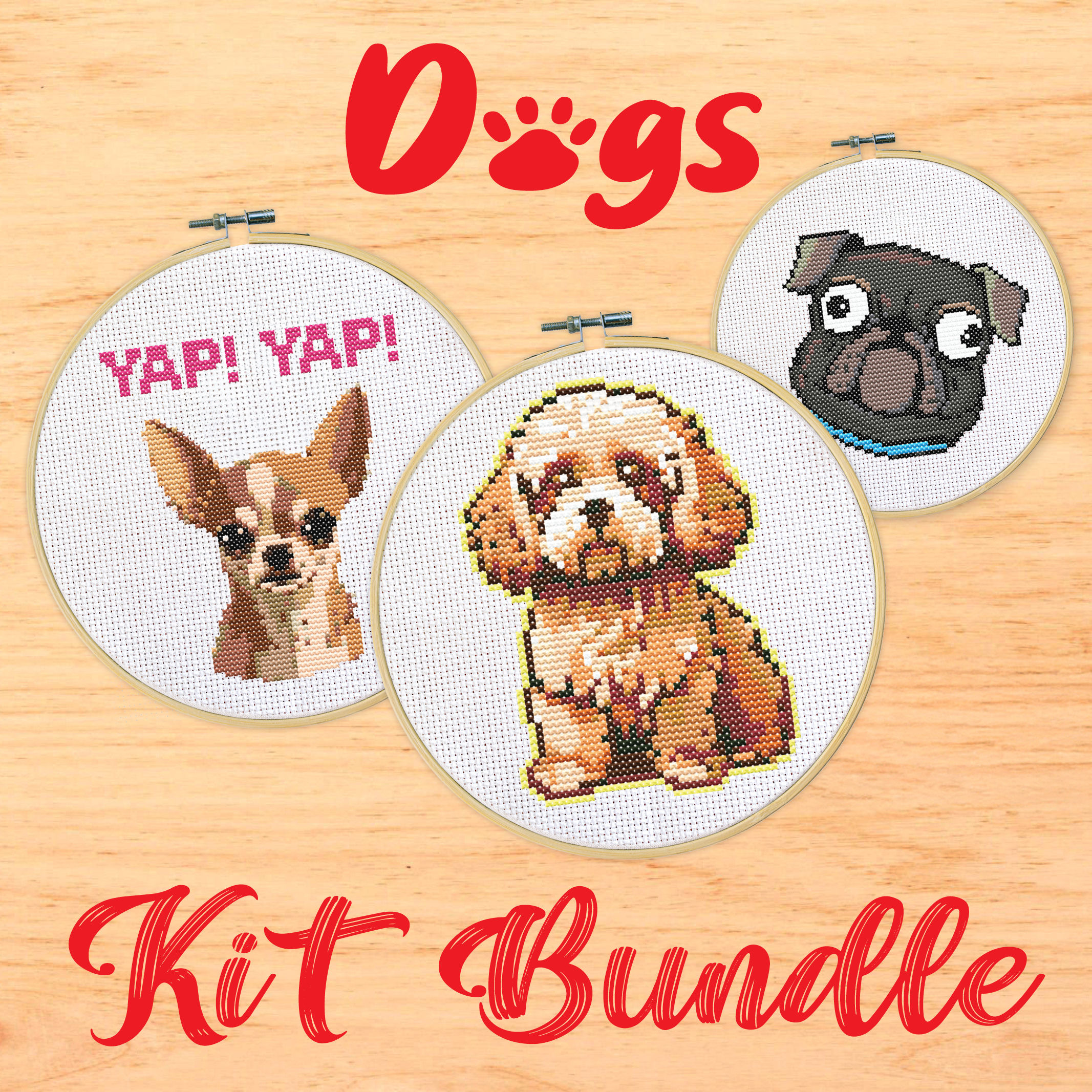 Dog cross stitch kit bundle – 3 embroidery kits with patterns, threads and hoops