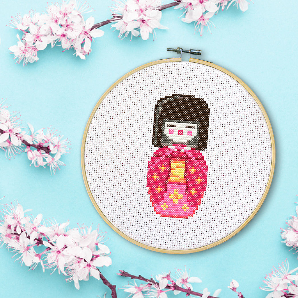 Pop Kokeshi Doll cross stitch kit – modern Japanese-style design Australia.