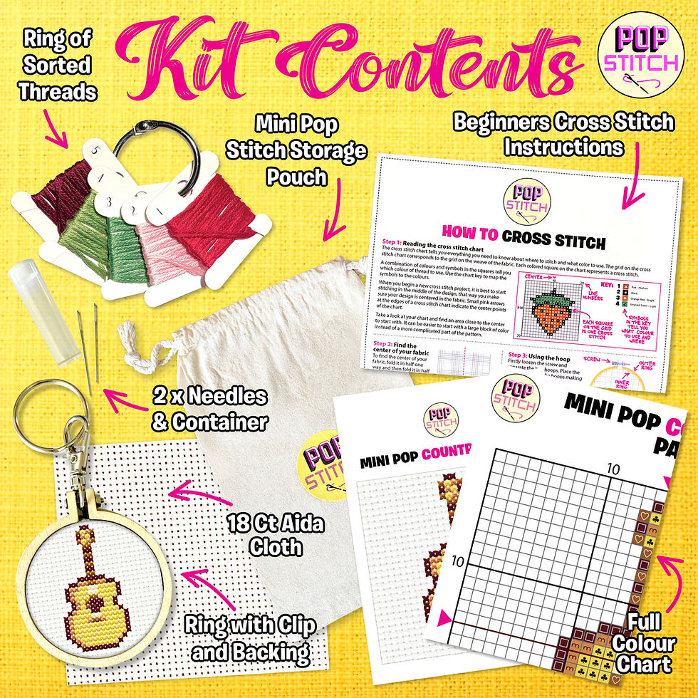 Thumbnail: Modern guitar cross stitch kit, beginner friendly, Popstitch Australia
