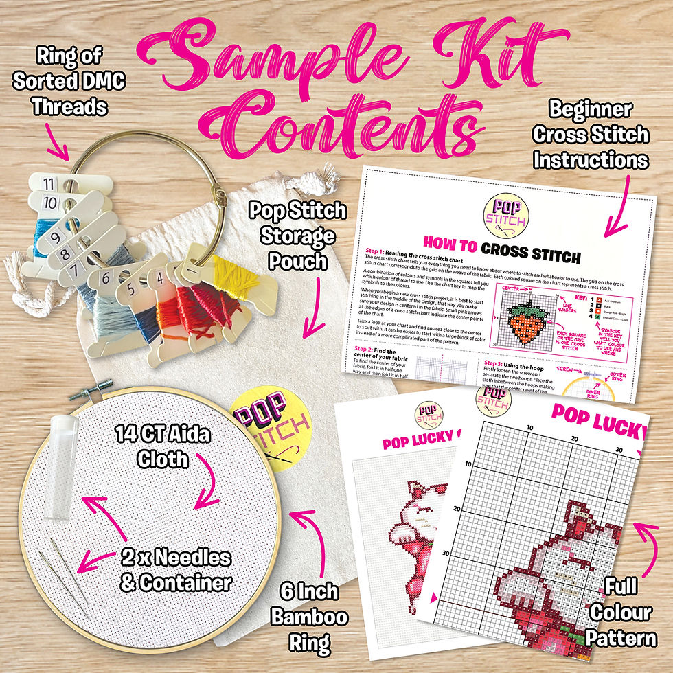 Thumbnail: Pop Lucky Cat cross stitch kit – modern Maneki Neko design Australia.