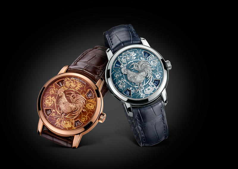 Métiers d’Art The Legend of the Chinese Zodiac 藝術大師雞年腕錶 直徑40毫米鉑金或5N粉紅金錶殼,手工雕刻和大明火琺瑯工藝18K金錶盤, 中央鑲嵌手工雕刻鉑金或18K 5N粉紅金公雞圖案/時,分,星期,日期顯示窗/自家製2460 G4自動上鍊機芯,動力儲存約40小時/每款各限量12枚,鉑金版本HKD$961,000,5N粉紅金版本HKD$791,000