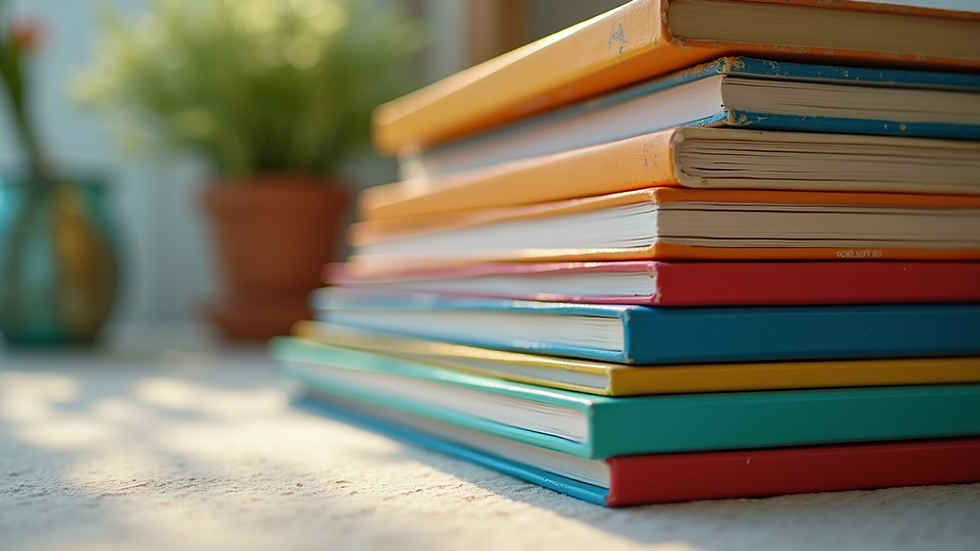 High angle view of a stack of colorful interactive children's books