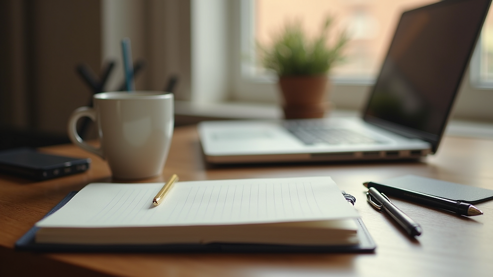 Close-up view of a cozy workspace with notebooks and pens