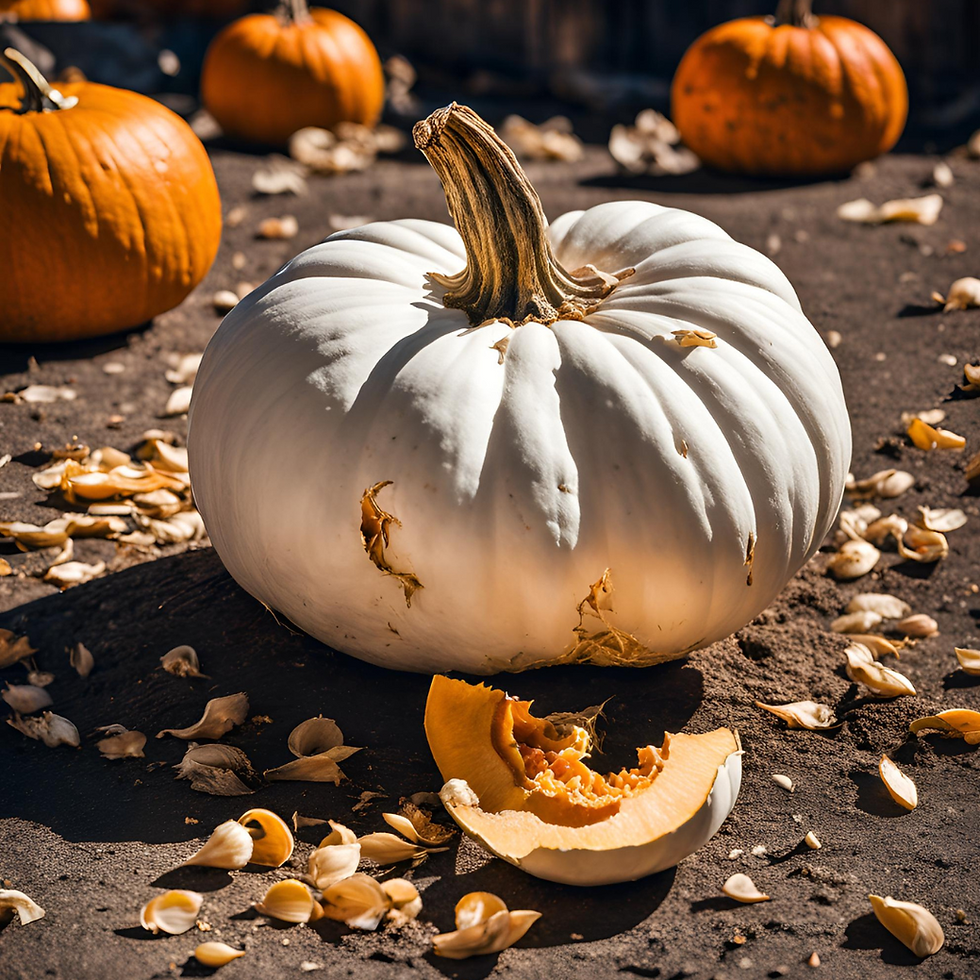 AI generated image of a white pumpkin surrounded by smashed pumpkin pieces