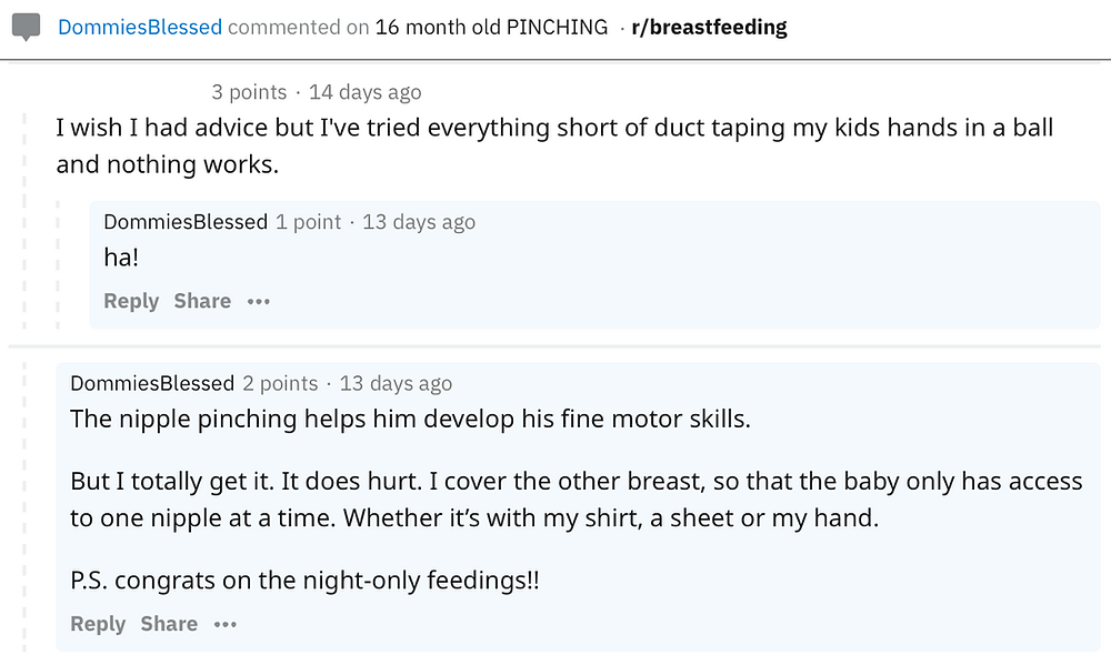 baby pinching nipple while breastfeeding, breastfeeding subreddit, reddit, subreddits to follow, subreddits for women, what are your favorite subreddits, reddit screen shots, breastfeeding subreddit, breastfeeding reddit, breastfeeding peer counselor, breastfeeding peer support, breastfeeding support group, breastfeeding support group online, nipple twiddling, nipple twiddling after weaning