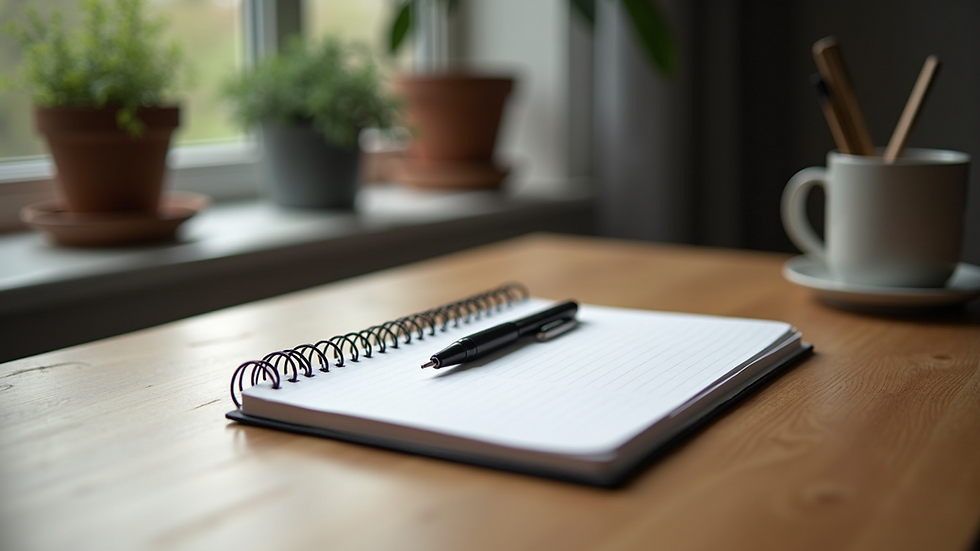 Eye-level view of a notebook and pen on a wooden desk