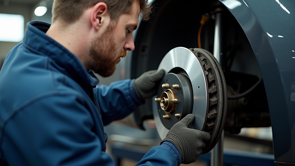 Close-up view of a mechanic checking car brakes in a workshop