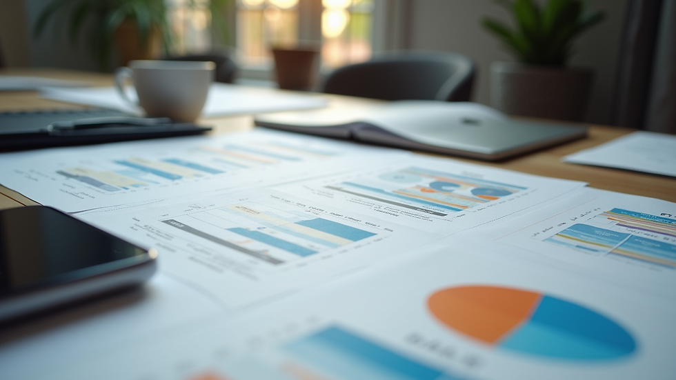 Eye-level view of a professional workspace with marketing strategy documents