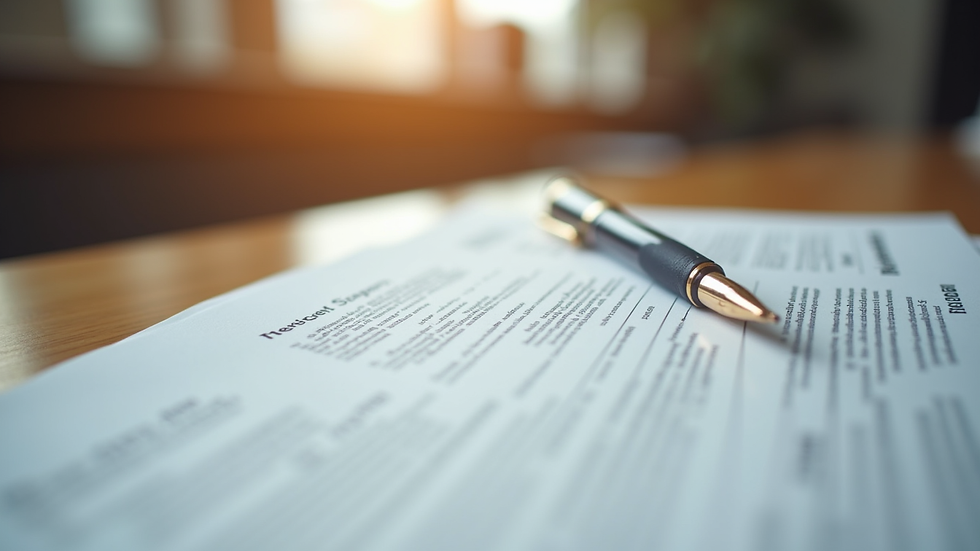 Close-up view of legal documents and a pen on a wooden desk