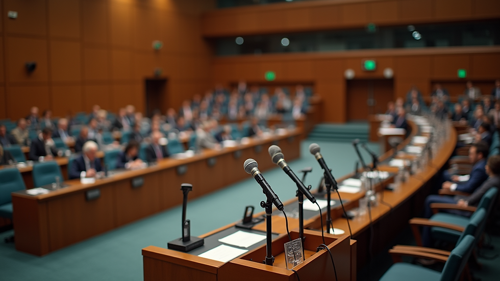 High angle view of a press conference room with microphones and a podium