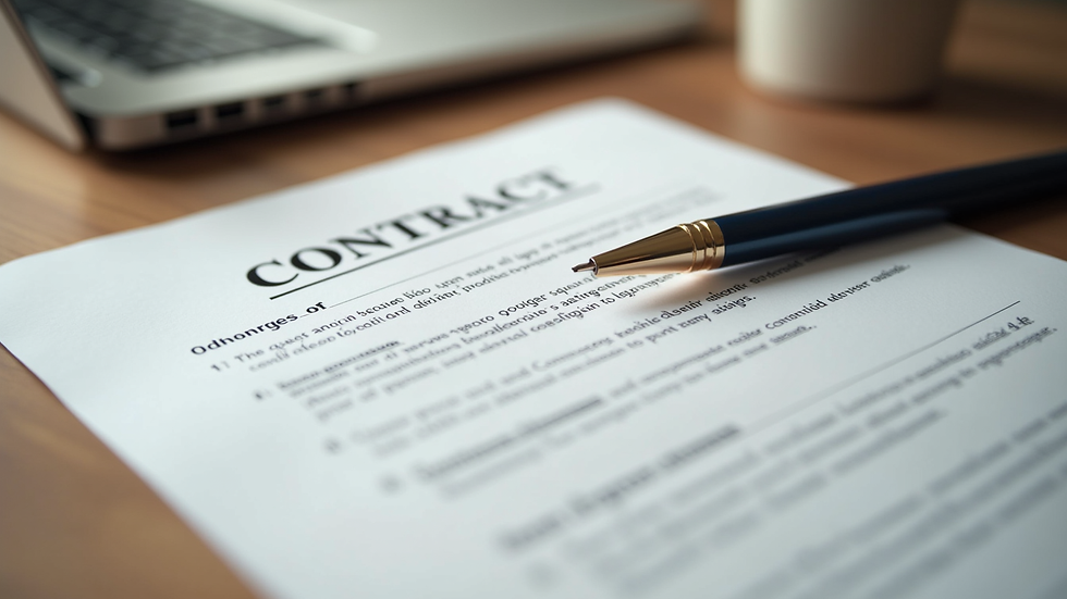 Close-up view of a legal contract and pen on a wooden desk