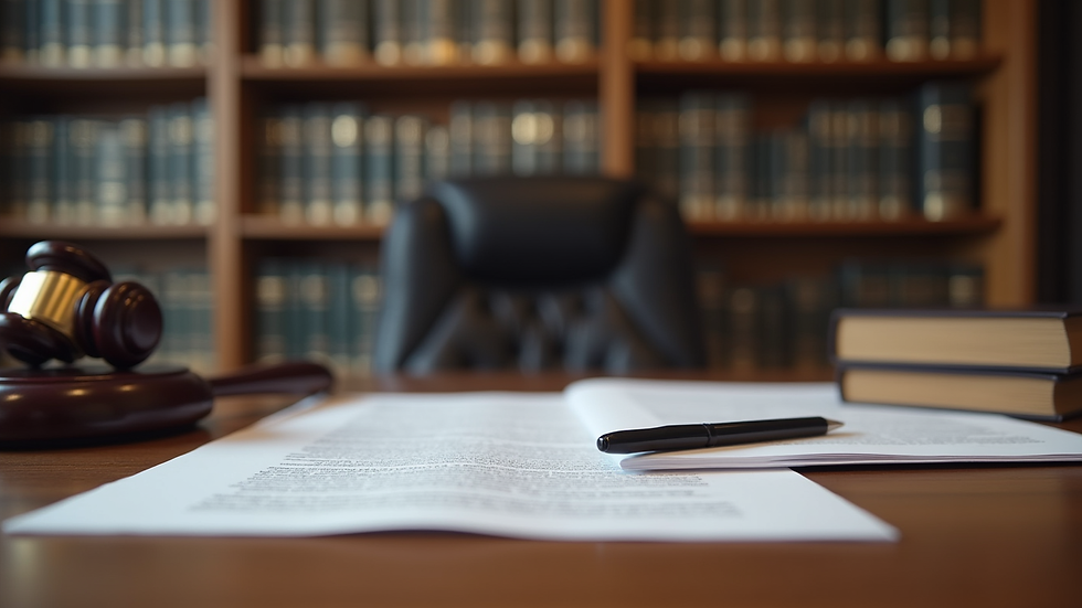 Eye-level view of a lawyer's office with legal books and documents